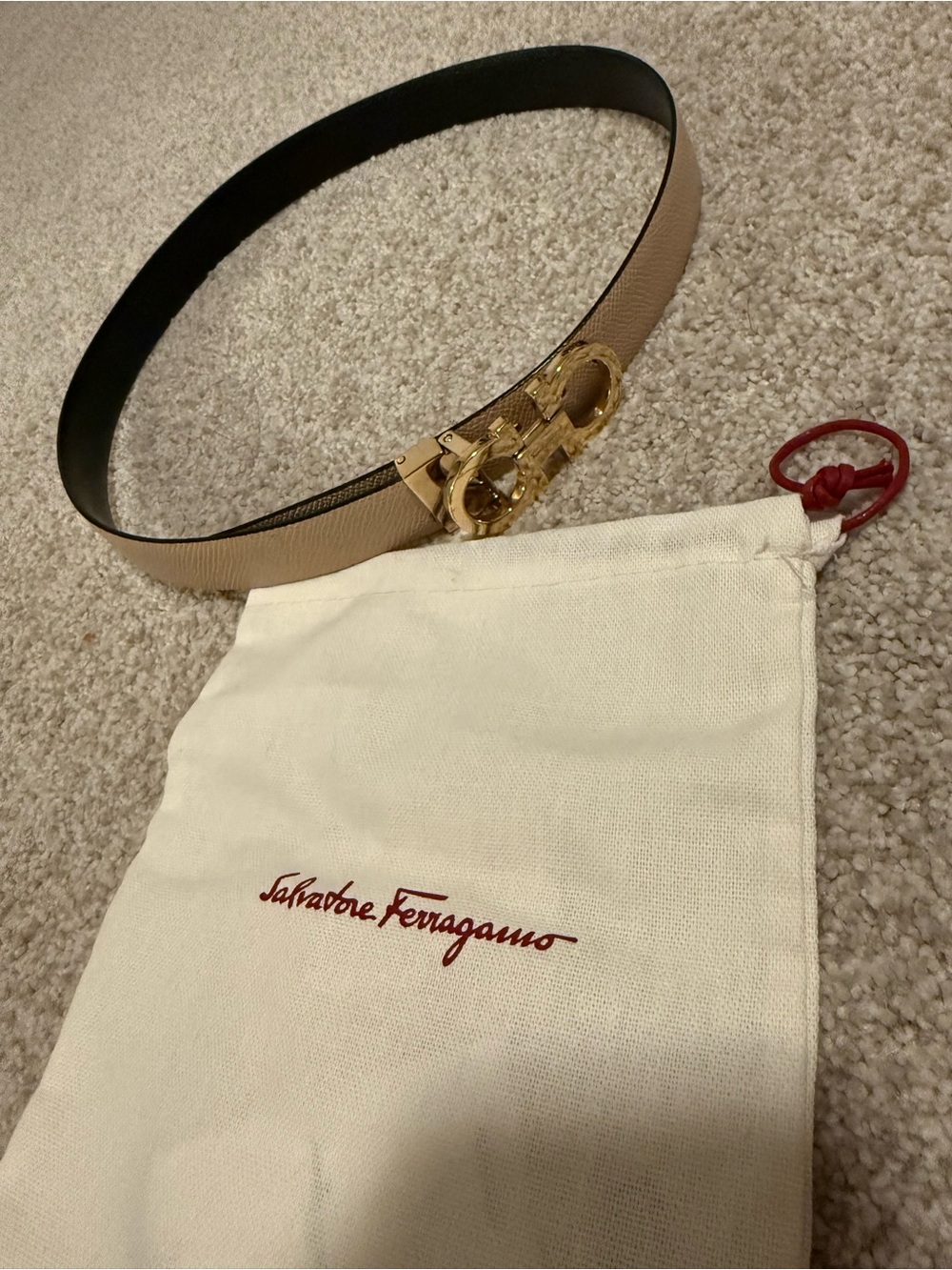 Salvatore Ferragamo Beige Leather Belt with Gold Gancini Buckle